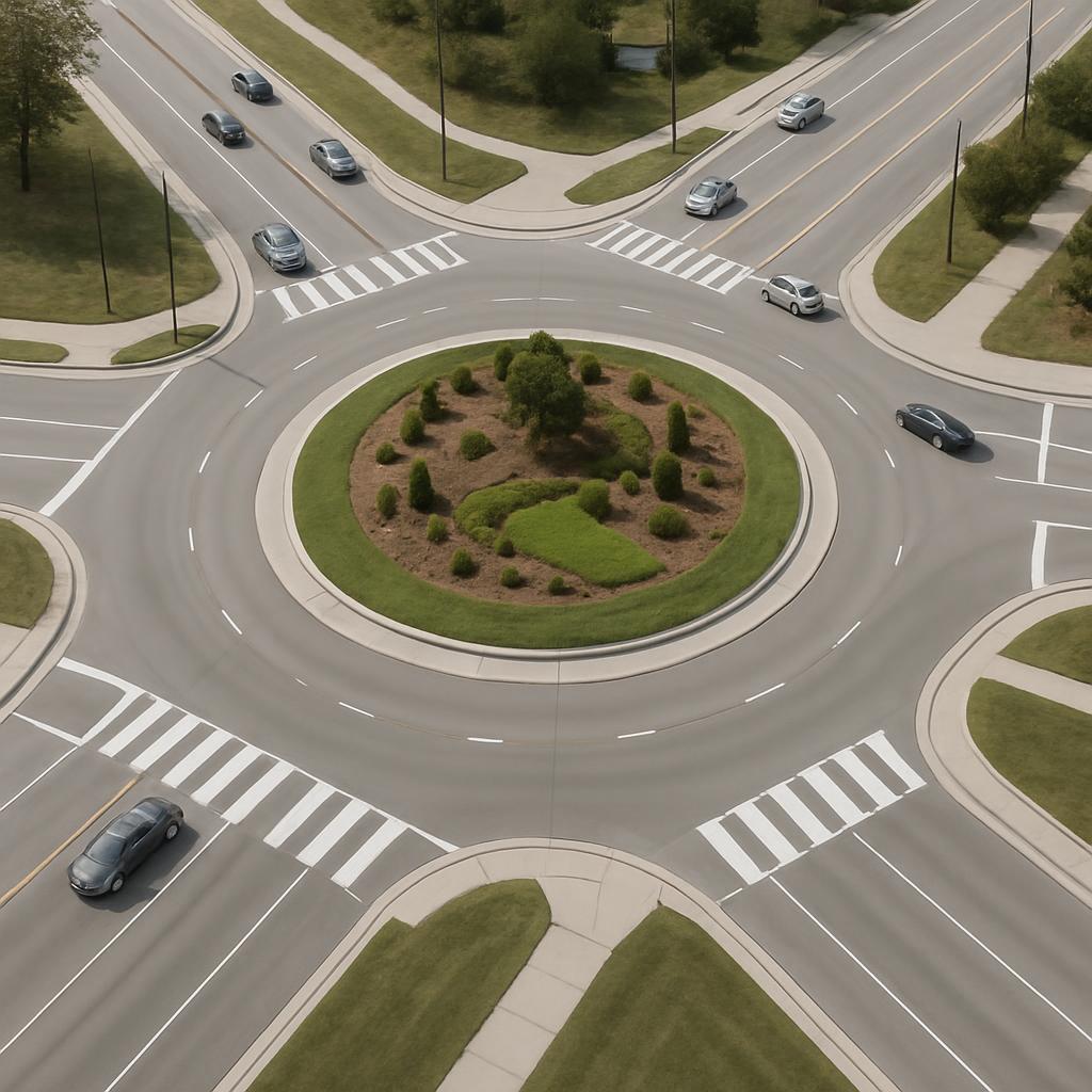 A multi-lane roundabout with eleven lanes and an island with grass and shrubbery. Cars are travelling around the traffic c...