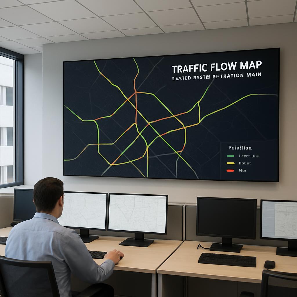 Man sitting at a desk looking at a large screen displaying a traffic flow map.