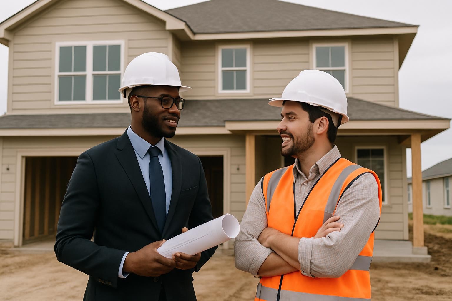 A black male engineer and a hispanic male contractor outside of a residential home being built