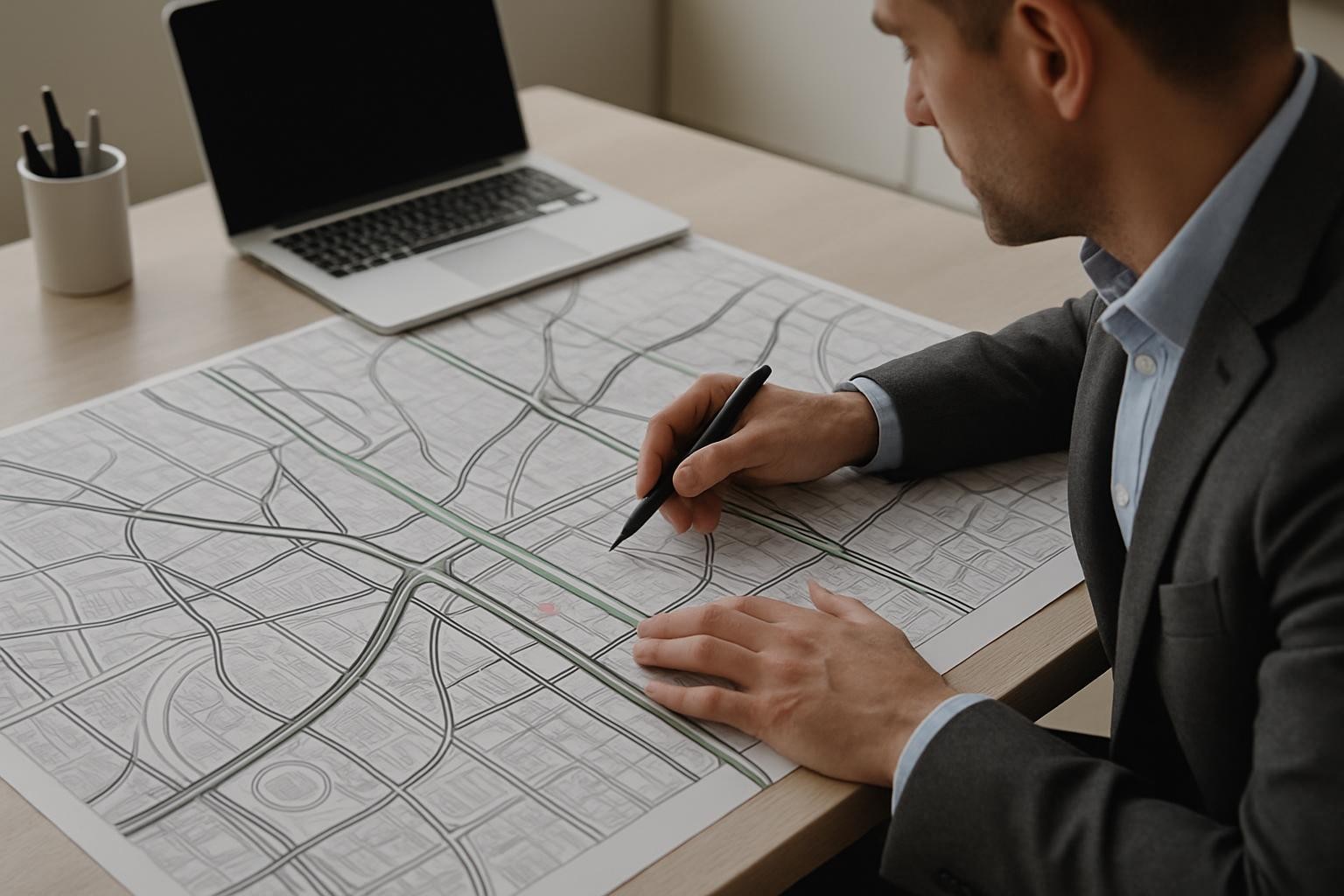 A picture representing transportation planning, such as city maps, traffic flow, road networks, or urban planners working on transit solutions.