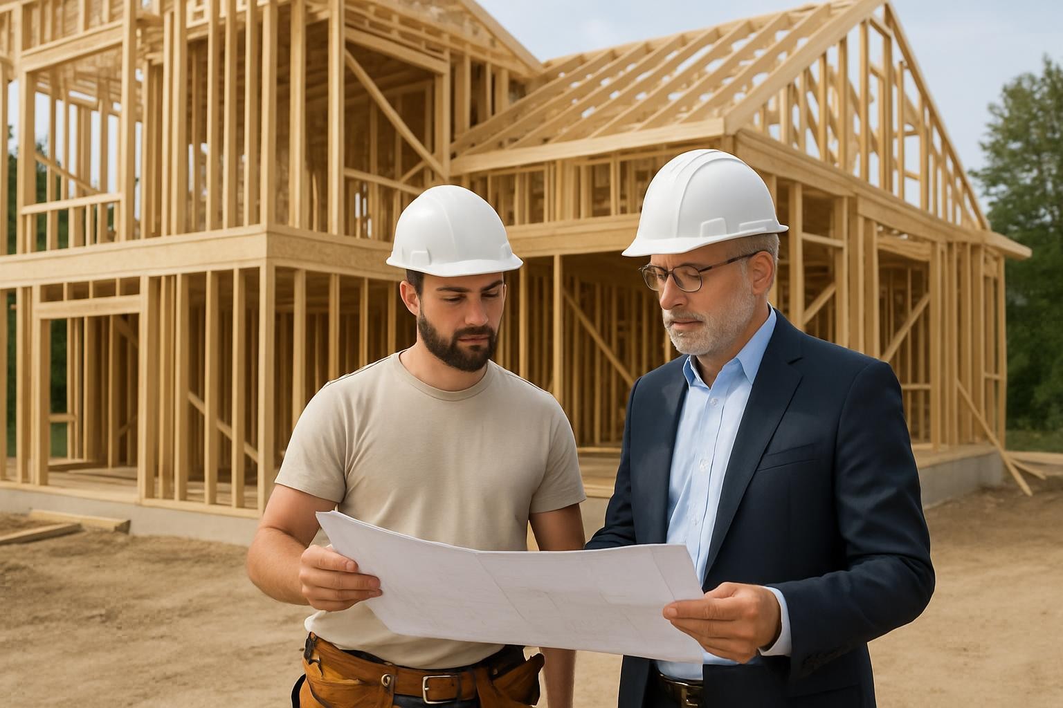 A residential home being built, with an engineer and a contractor standing outside, discussing blueprints. The home is under construction with framing visible. Daylight, professional scene.