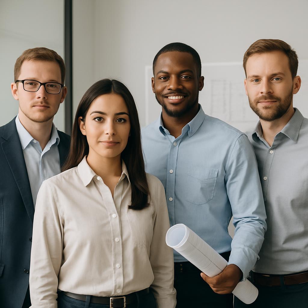 Four diverse business professionals standing together, posing for a photo, with a woman holding rolled-up documents.