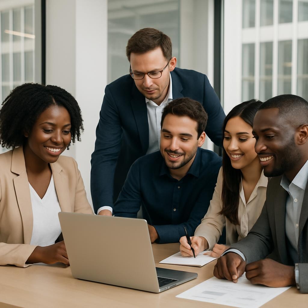 A team working on a corporate project, consisting of 1 black man, 1 black woman, 1 hispanic man, 1 hispanic woman, and 1 white man, collaborating around a desk in a modern office setting.