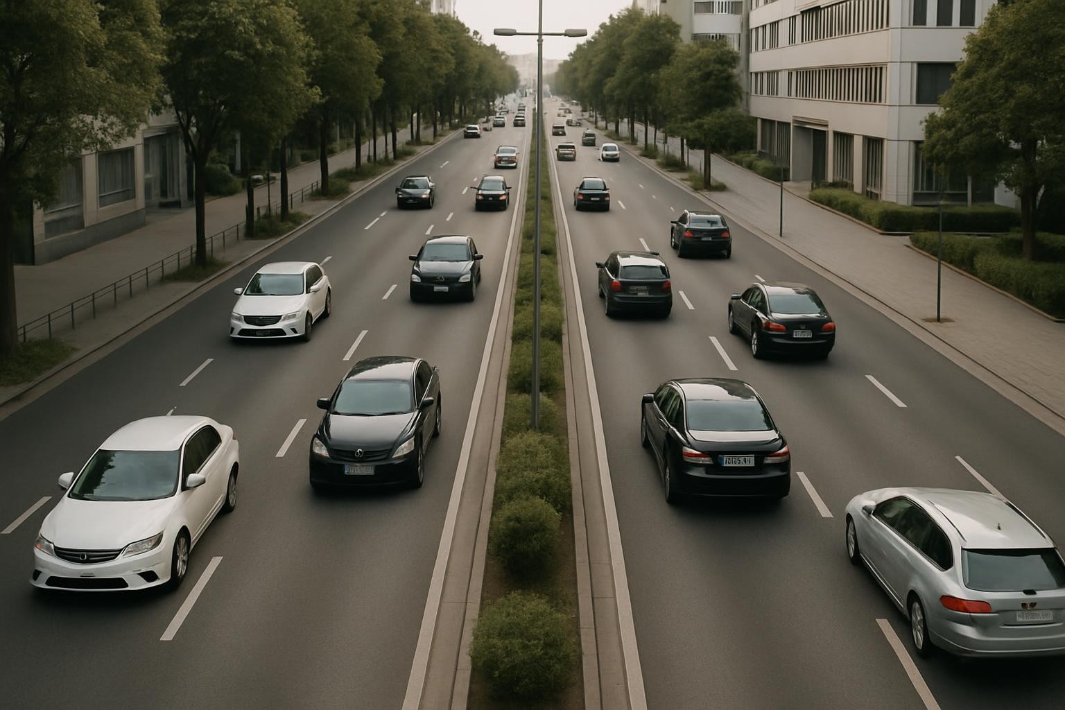 Arial view of a moderately busy street with flowing traffic