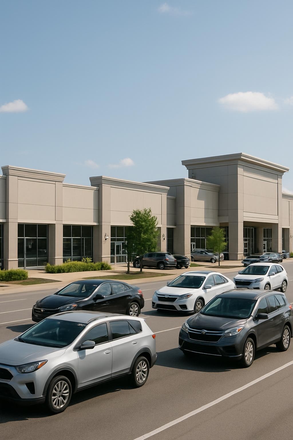 cars flowing on the street on a sunny day near a popular shopping plaza